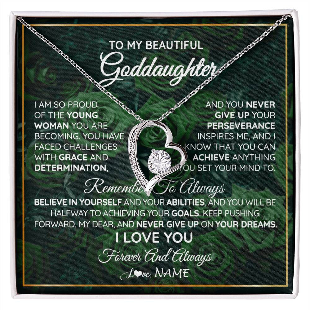 Forever Love Necklace 14K White Gold Finish | Personalized To My Beautiful Goddaughter Necklace Never Give Up Goddaughter Birthday Graduation Motivational Quote Customized Gift Box Message Card | siriusteestore