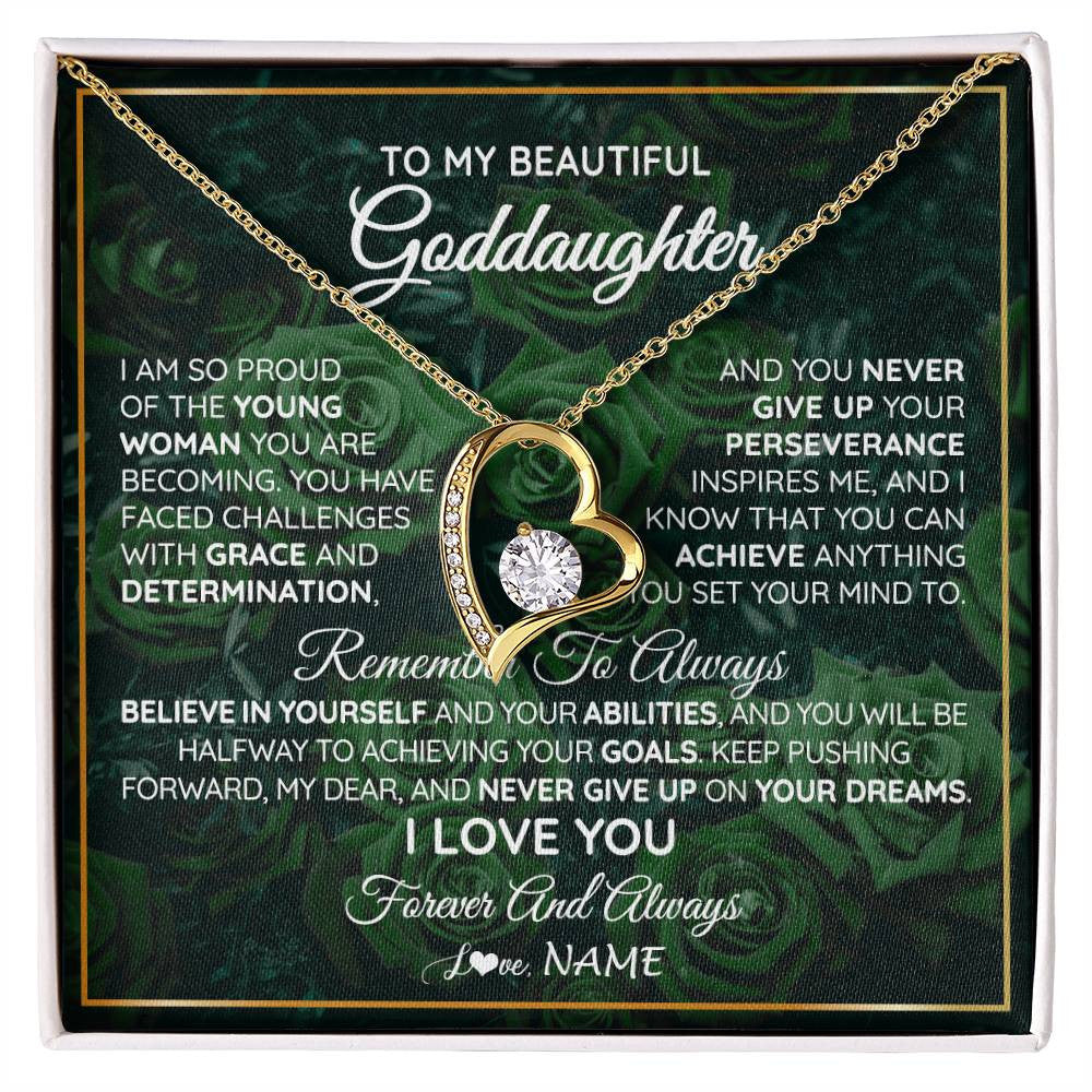 Forever Love Necklace 18K Yellow Gold Finish | Personalized To My Beautiful Goddaughter Necklace Never Give Up Goddaughter Birthday Graduation Motivational Quote Customized Gift Box Message Card | siriusteestore