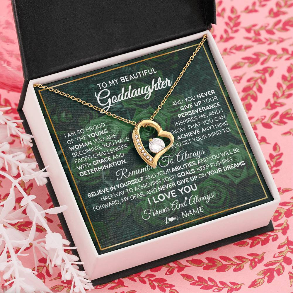 Forever Love Necklace 18K Yellow Gold Finish | Personalized To My Beautiful Goddaughter Necklace Never Give Up Goddaughter Birthday Graduation Motivational Quote Customized Gift Box Message Card | siriusteestore