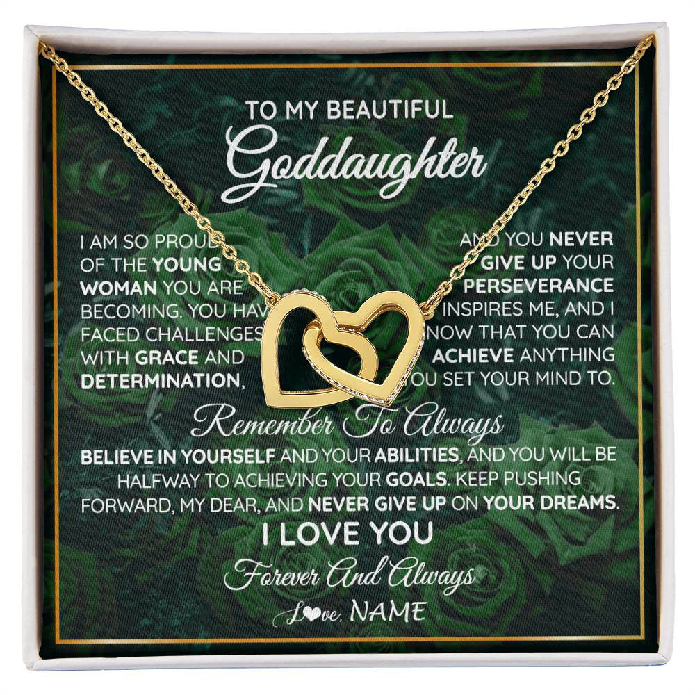 Interlocking Hearts Necklace 18K Yellow Gold Finish | Personalized To My Beautiful Goddaughter Necklace Never Give Up Goddaughter Birthday Graduation Motivational Quote Customized Gift Box Message Card | siriusteestore