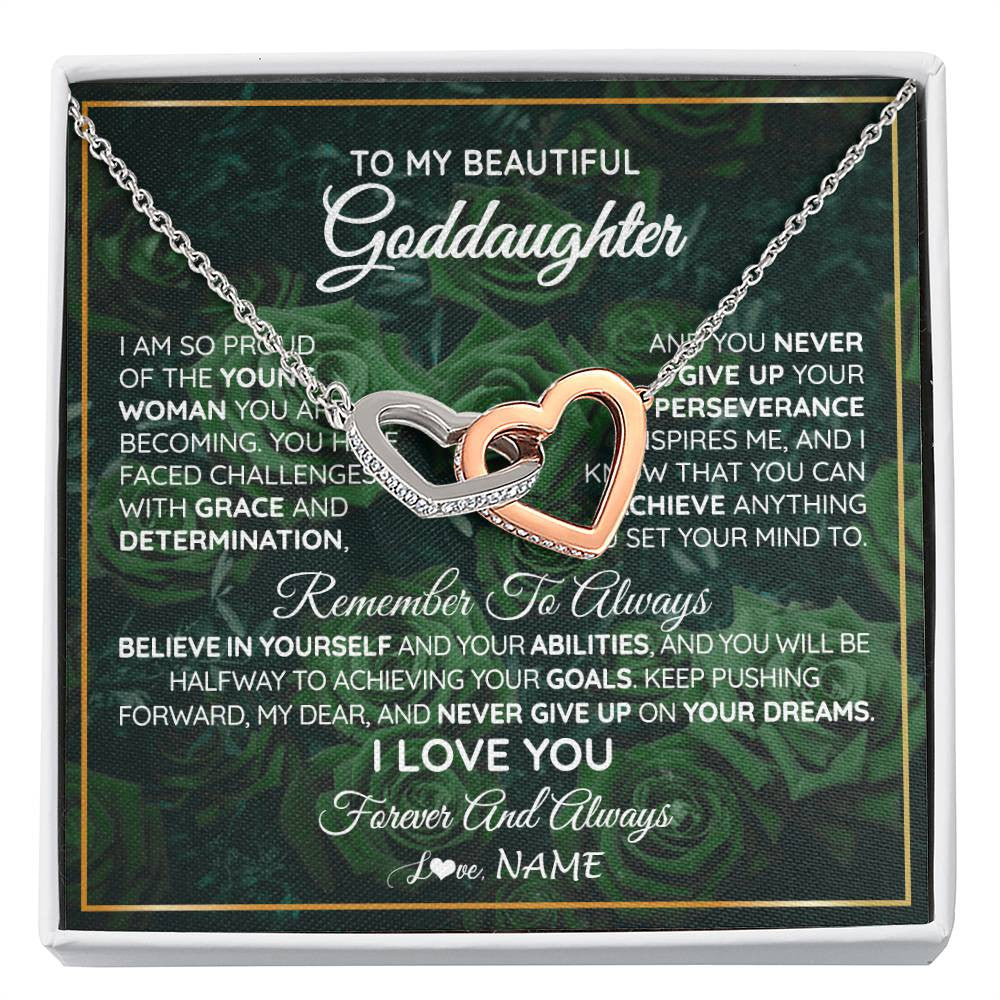 Interlocking Hearts Necklace Stainless Steel & Rose Gold Finish | Personalized To My Beautiful Goddaughter Necklace Never Give Up Goddaughter Birthday Graduation Motivational Quote Customized Gift Box Message Card | siriusteestore