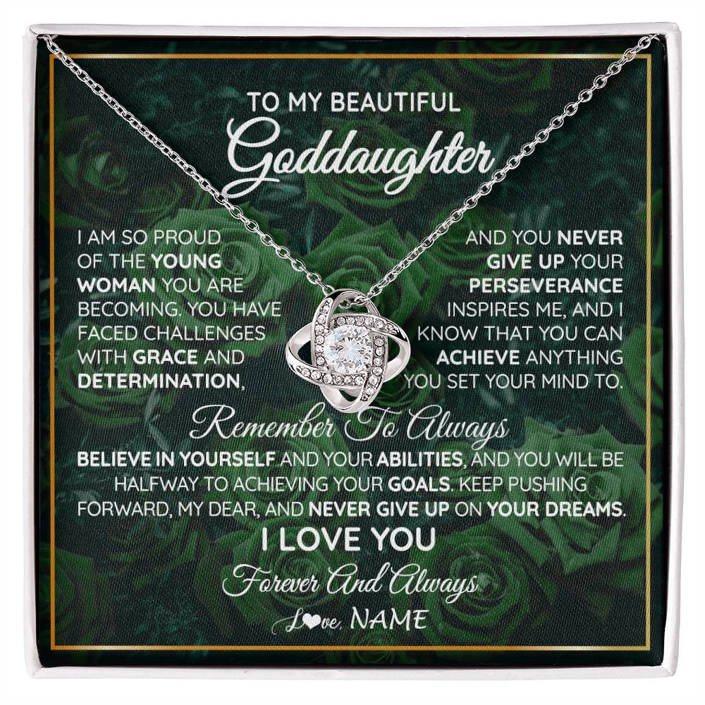 Love Knot Necklace 14K White Gold Finish | Personalized To My Beautiful Goddaughter Necklace Never Give Up Goddaughter Birthday Graduation Motivational Quote Customized Gift Box Message Card | siriusteestore