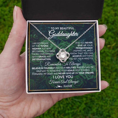 Love Knot Necklace 14K White Gold Finish | Personalized To My Beautiful Goddaughter Necklace Never Give Up Goddaughter Birthday Graduation Motivational Quote Customized Gift Box Message Card | siriusteestore