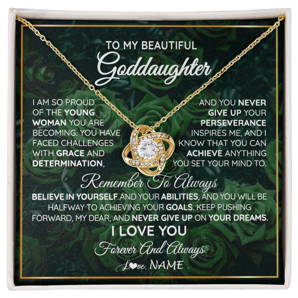 Love Knot Necklace 18K Yellow Gold Finish | Personalized To My Beautiful Goddaughter Necklace Never Give Up Goddaughter Birthday Graduation Motivational Quote Customized Gift Box Message Card | siriusteestore
