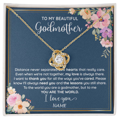 Love Knot Necklace 18K Yellow Gold Finish | 1 | Personalized To My Beautiful Godmother Necklace From Niece You Are The World Godmother Birthday Mothers Day Christmas Customized Gift Box Message Card | siriusteestore
