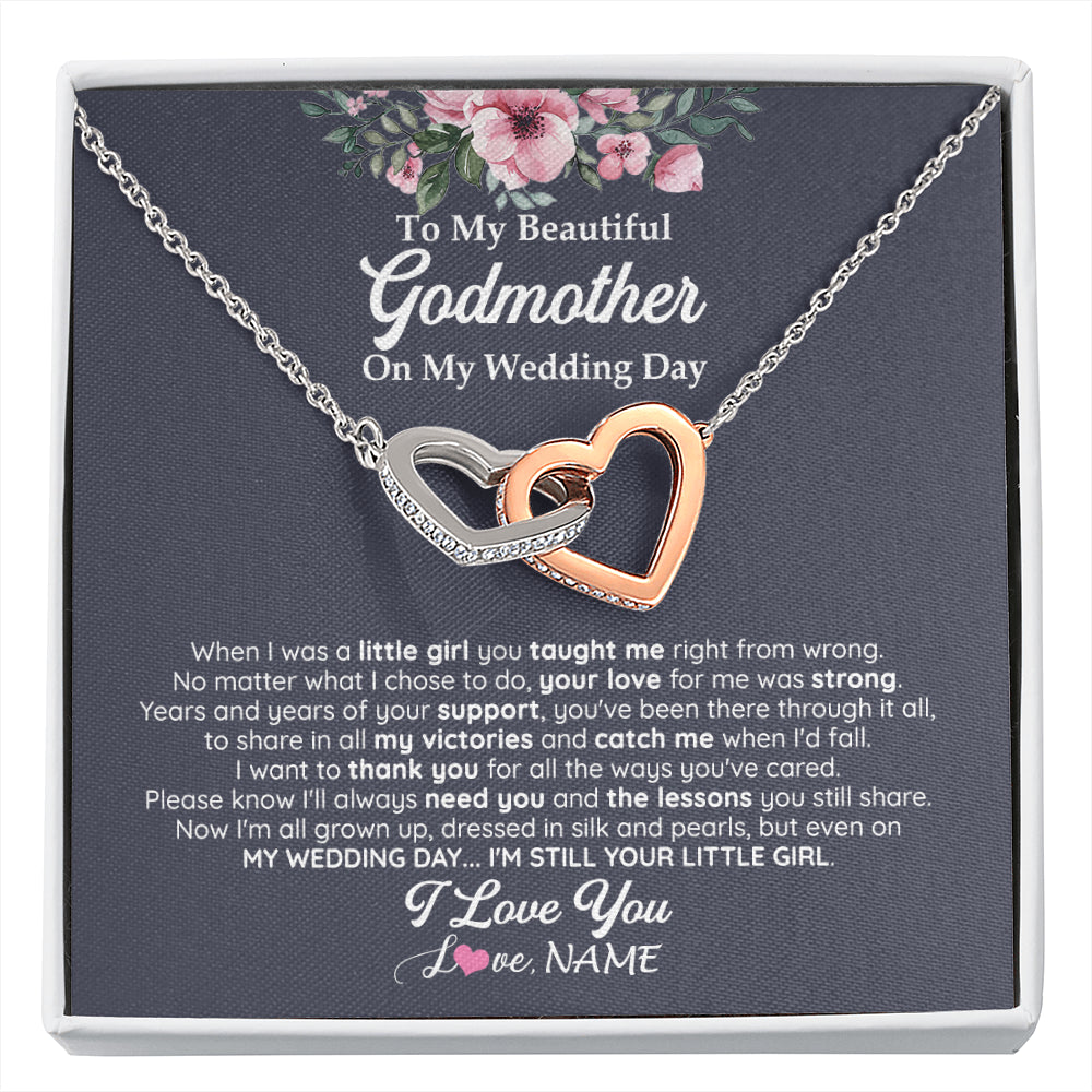 Interlocking Hearts Necklace Stainless Steel & Rose Gold Finish | 1 | Personalized To My Beautiful Godmother On My Wedding Day Necklace From Goddaughter Little Girl Godmother Of Bride Wedding Day Customized Gift Box Message Card | siriusteestore