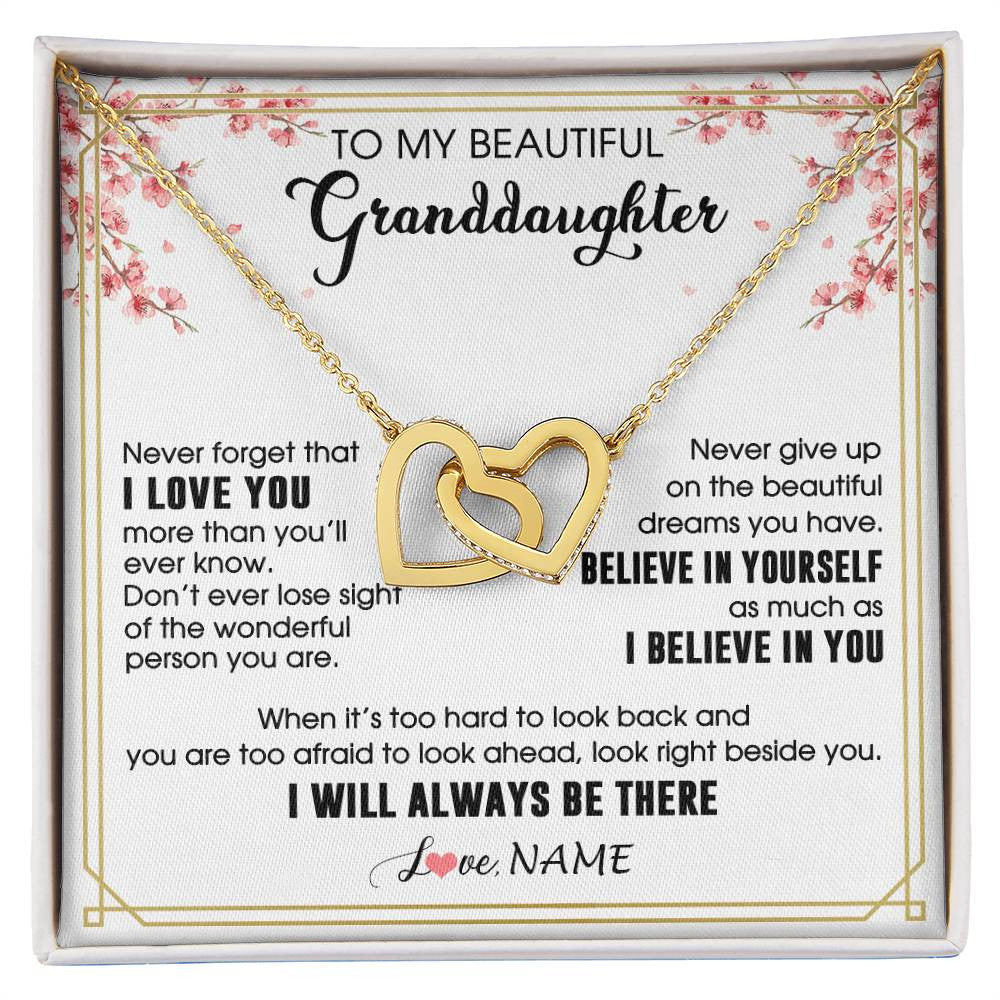 Interlocking Hearts Necklace 18K Yellow Gold Finish | 1 | Personalized To My Beautiful Granddaughter From Grandma Necklace I Love You Believe In You Granddaughter Birthday Christmas Customized Gift Box Message Card | siriusteestore