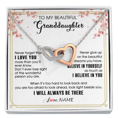 Interlocking Hearts Necklace Stainless Steel & Rose Gold Finish | 1 | Personalized To My Beautiful Granddaughter From Grandma Necklace I Love You Believe In You Granddaughter Birthday Christmas Customized Gift Box Message Card | siriusteestore