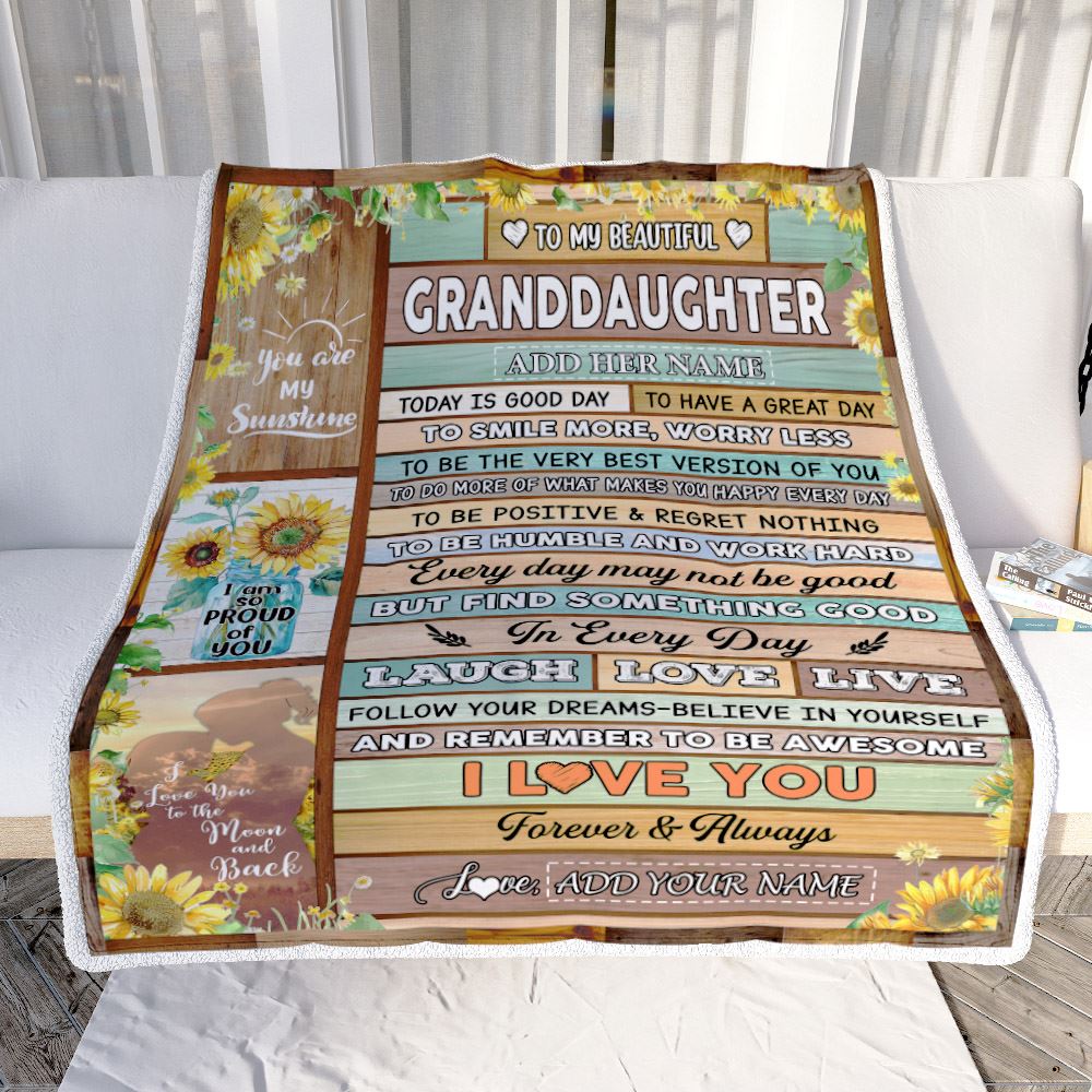 Personalized To My Beautiful Granddaughter Gifts Blanket From Grandma Wood Sunflower Gifts For Granddaughter Birthday Christmas Customized Fleece Blanket | siriusteestore