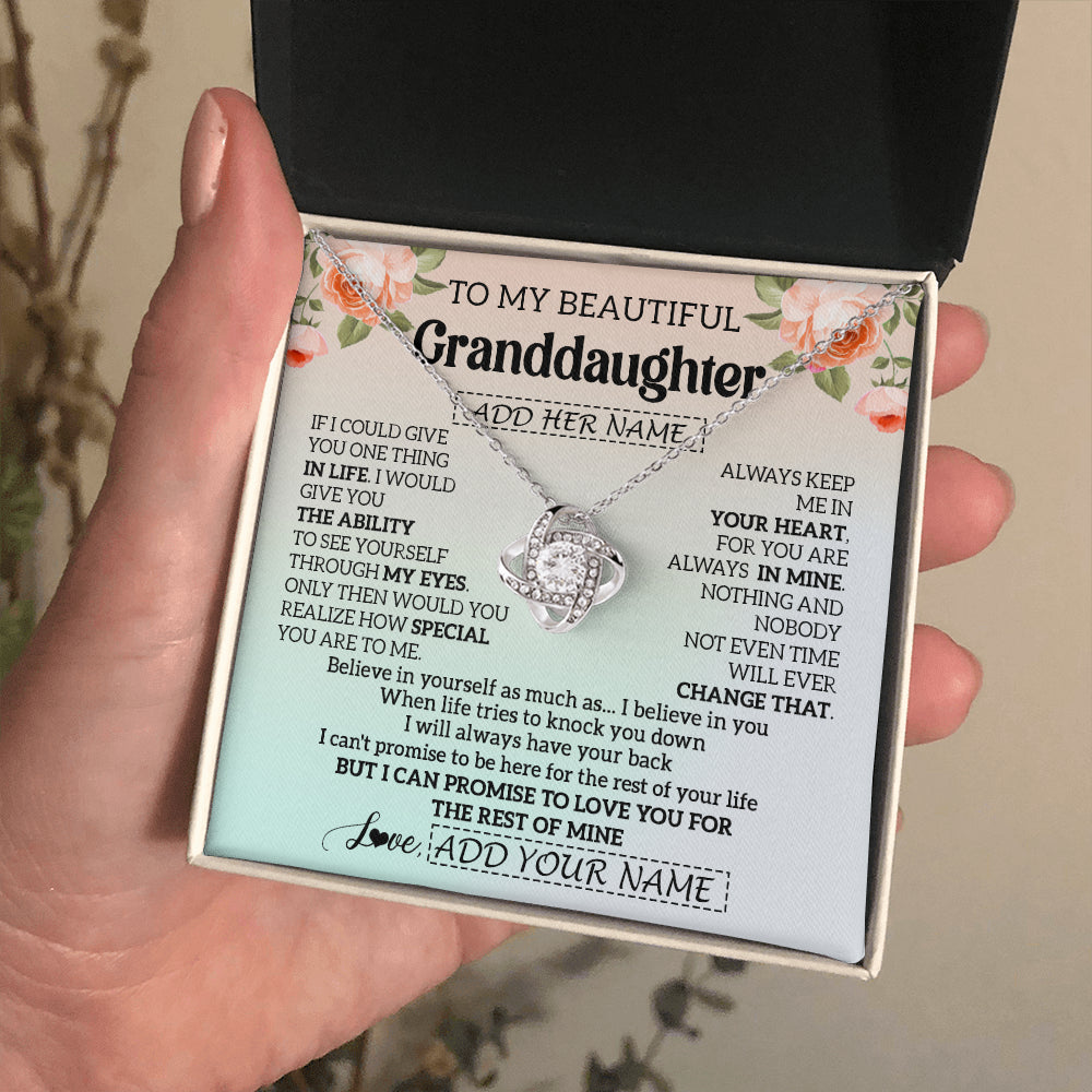 Love Knot Necklace 14K White Gold Finish | 2 | Personalized To My Beautiful Granddaughter Gifts Necklace From Grandma Love Jewelry For Granddaughter Birthday Christmas Customized Gift Box Message Card | siriusteestore