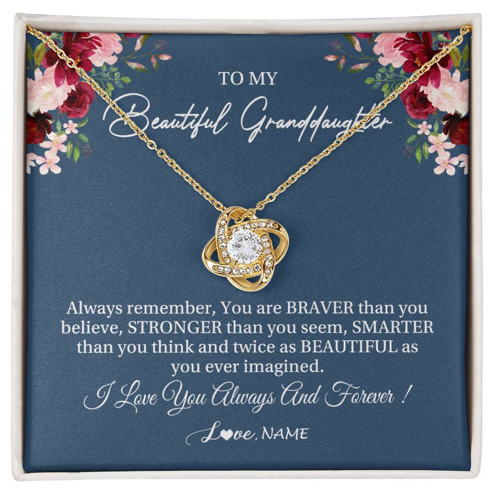 Love Knot Necklace 18K Yellow Gold Finish | Personalized To My Beautiful Granddaughter Necklace From Grandma Braver Stronger Smarter Granddaughter Jewelry Birthday Christmas Customized Message Card | siriusteestore