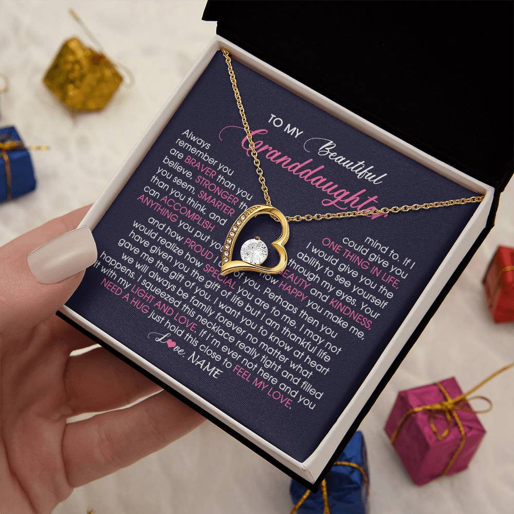 Forever Love Necklace 18K Yellow Gold Finish | Personalized To My Beautiful Granddaughter Necklace From Grandma Nana Feel My Love Granddaughter Birthday Graduation Christmas Customized Gift Box Message Card | siriusteestore