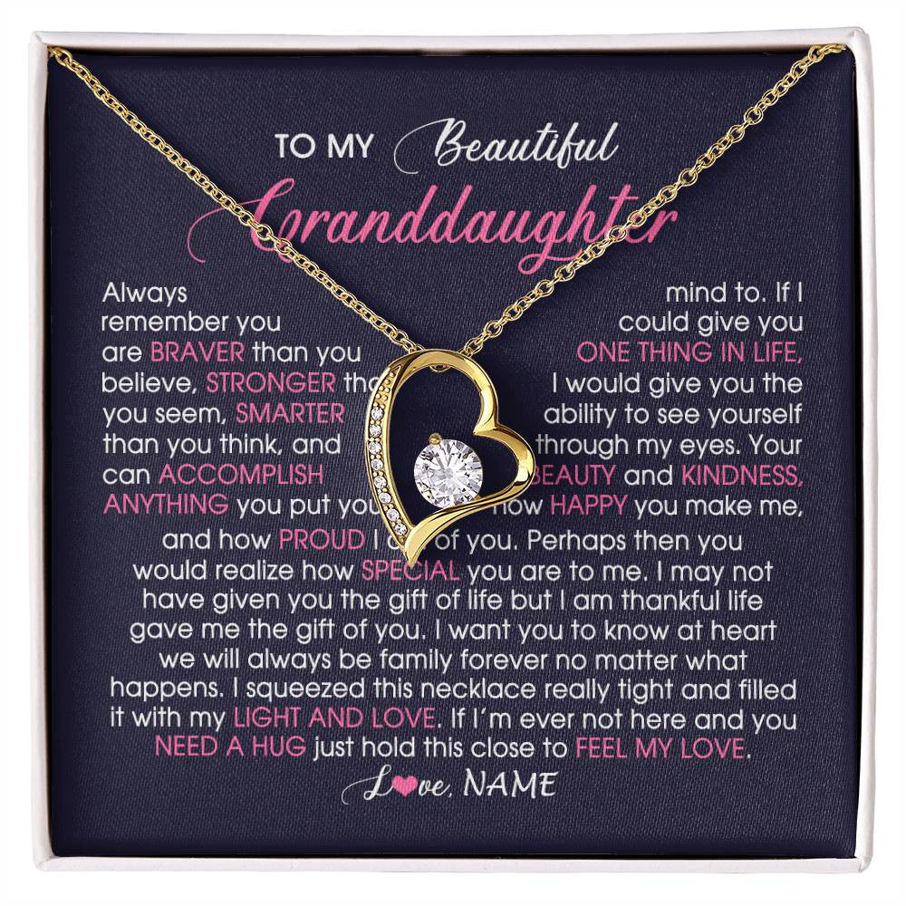 Forever Love Necklace 18K Yellow Gold Finish | Personalized To My Beautiful Granddaughter Necklace From Grandma Nana Feel My Love Granddaughter Birthday Graduation Christmas Customized Gift Box Message Card | siriusteestore