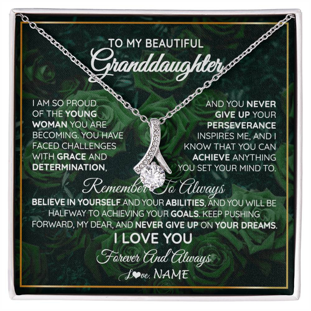 Alluring Beauty Necklace 14K White Gold Finish | Personalized To My Beautiful Granddaughter Necklace From Grandma Never Give Up Birthday Graduation Motivational Quote Customized Gift Box Message Card | siriusteestore