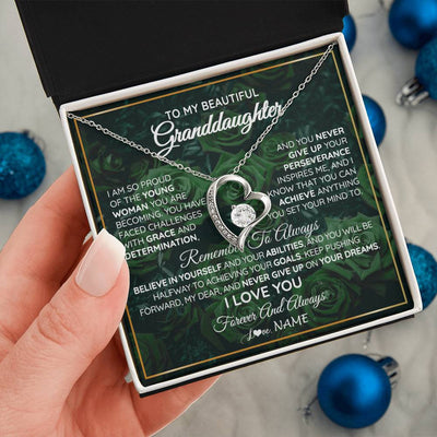 Forever Love Necklace 14K White Gold Finish | Personalized To My Beautiful Granddaughter Necklace From Grandma Never Give Up Birthday Graduation Motivational Quote Customized Gift Box Message Card | siriusteestore