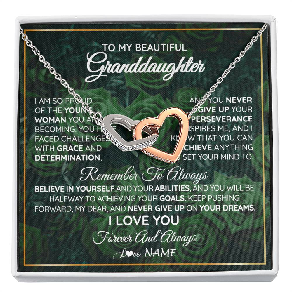 Interlocking Hearts Necklace Stainless Steel & Rose Gold Finish | Personalized To My Beautiful Granddaughter Necklace From Grandma Never Give Up Birthday Graduation Motivational Quote Customized Gift Box Message Card | siriusteestore