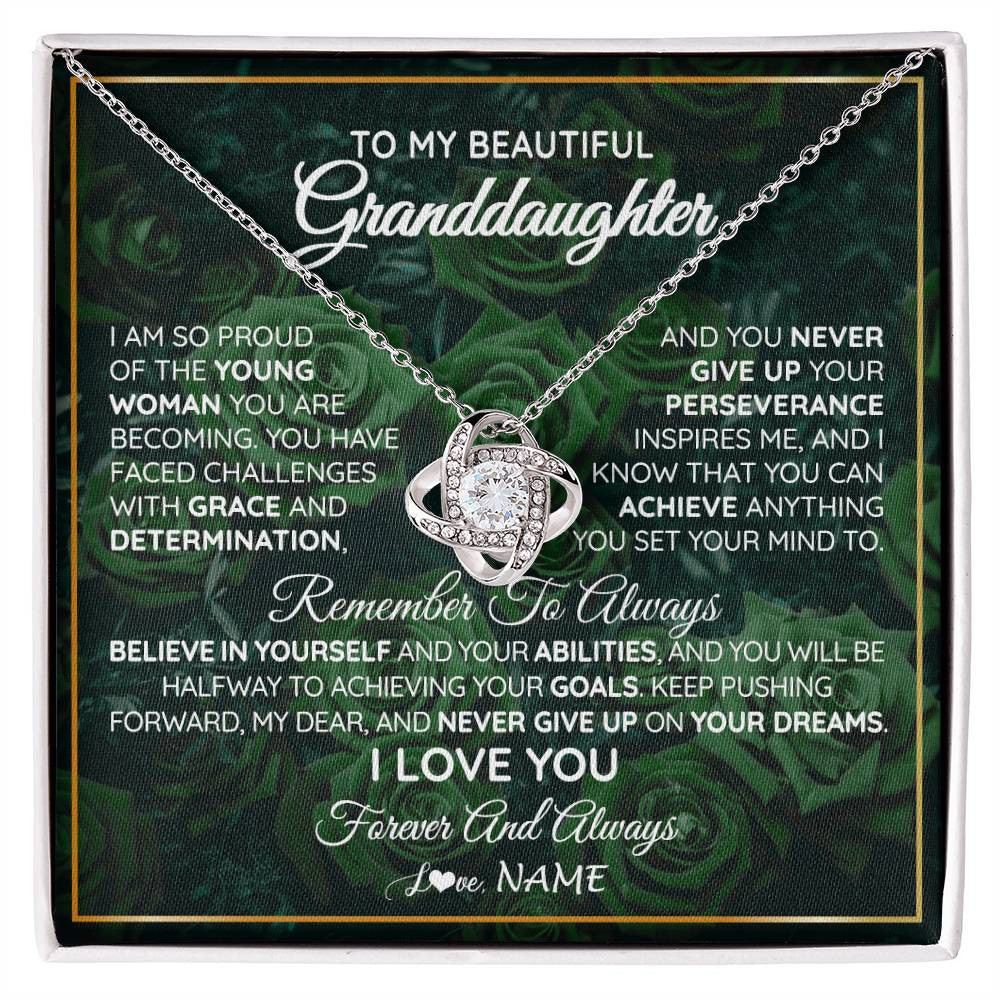 Love Knot Necklace 14K White Gold Finish | Personalized To My Beautiful Granddaughter Necklace From Grandma Never Give Up Birthday Graduation Motivational Quote Customized Gift Box Message Card | siriusteestore