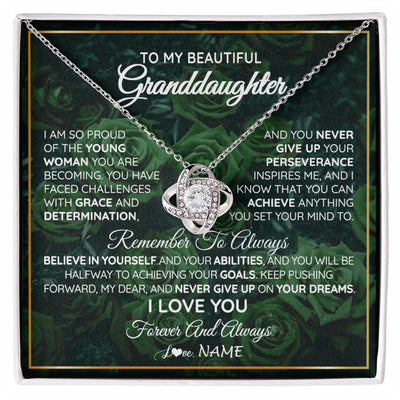Love Knot Necklace 14K White Gold Finish | Personalized To My Beautiful Granddaughter Necklace From Grandma Never Give Up Birthday Graduation Motivational Quote Customized Gift Box Message Card | siriusteestore