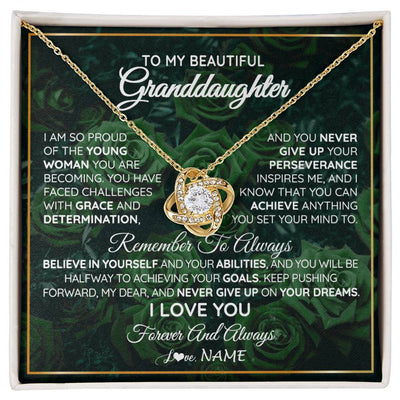 Love Knot Necklace 18K Yellow Gold Finish | Personalized To My Beautiful Granddaughter Necklace From Grandma Never Give Up Birthday Graduation Motivational Quote Customized Gift Box Message Card | siriusteestore