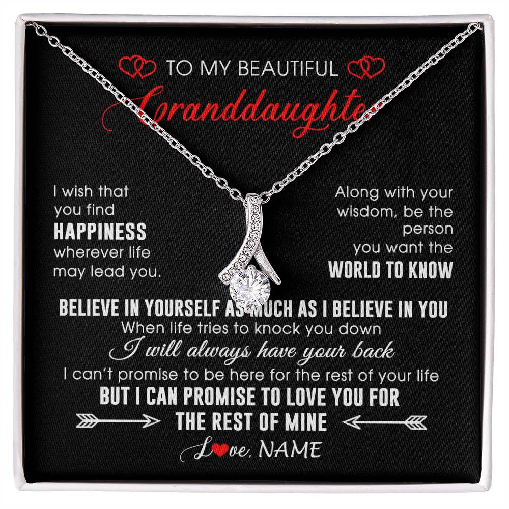 Alluring Beauty Necklace 14K White Gold Finish | Personalized To My Beautiful Granddaughter Necklace From Grandma Papa Happiness Wherever Life Birthday Graduation Christmas Customized Gift Box Message Card | siriusteestore