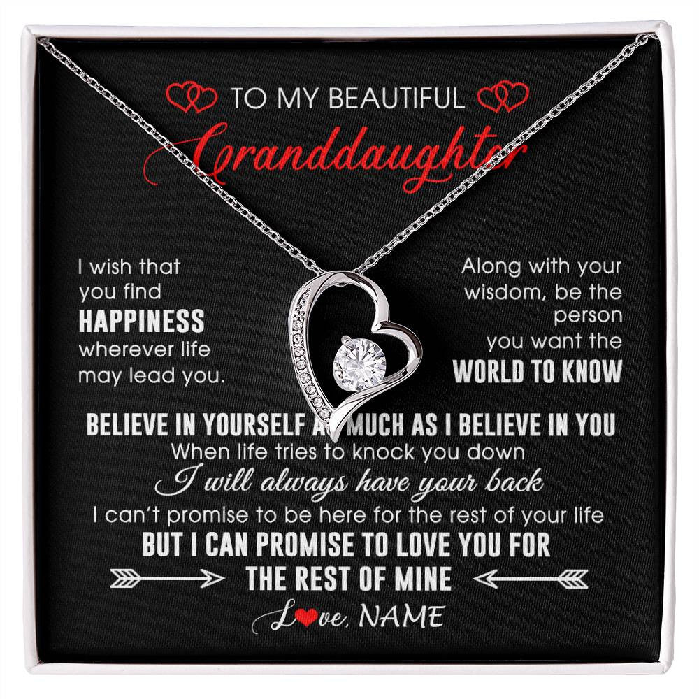 Forever Love Necklace 14K White Gold Finish | Personalized To My Beautiful Granddaughter Necklace From Grandma Papa Happiness Wherever Life Birthday Graduation Christmas Customized Gift Box Message Card | siriusteestore