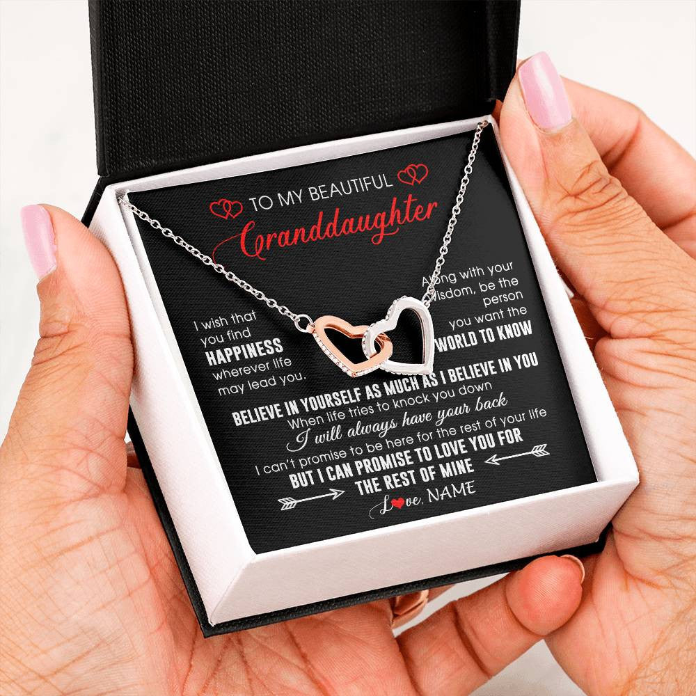 Interlocking Hearts Necklace Stainless Steel & Rose Gold Finish | Personalized To My Beautiful Granddaughter Necklace From Grandma Papa Happiness Wherever Life Birthday Graduation Christmas Customized Gift Box Message Card | siriusteestore