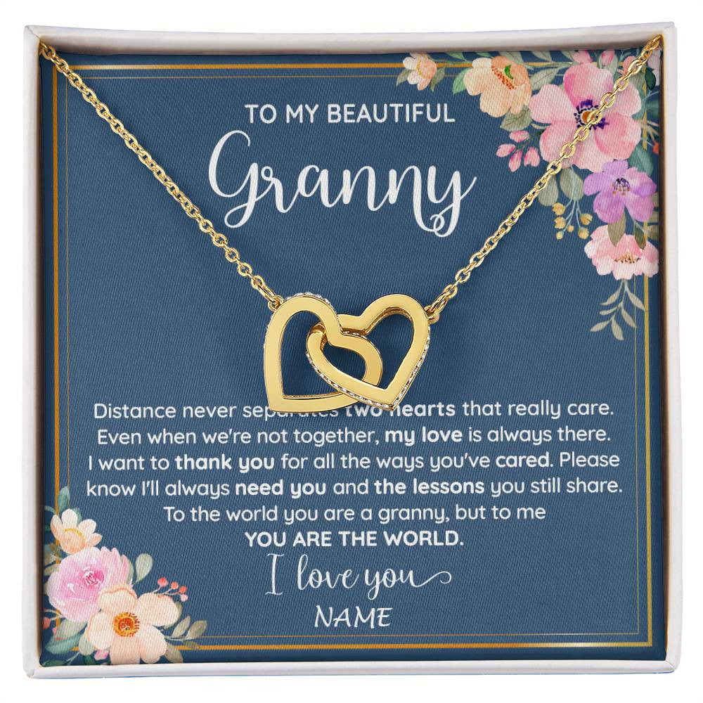 Interlocking Hearts Necklace 18K Yellow Gold Finish | 1 | Personalized To My Beautiful Granny Necklace From Grandkids Granddaughter You Are The World Granny Birthday Mothers Day Customized Gift Box Message Card | siriusteestore
