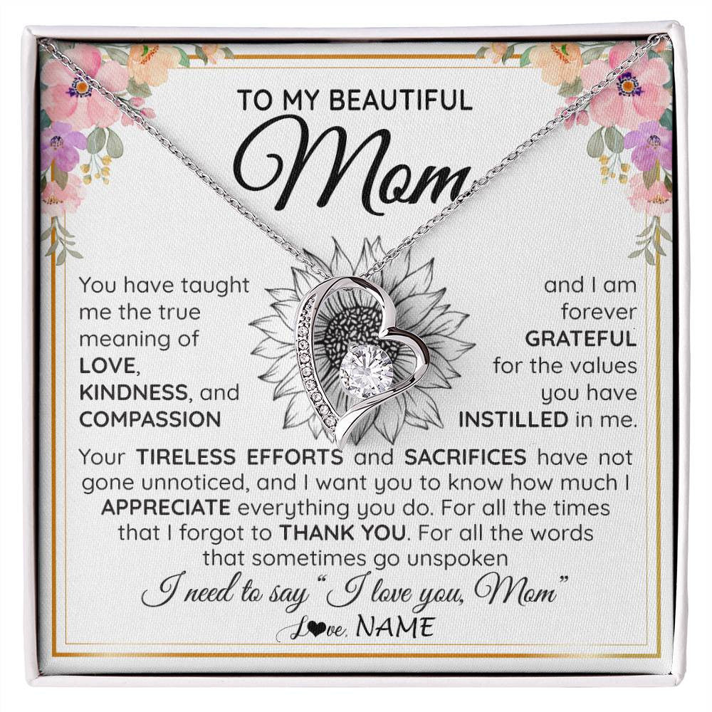 Forever Love Necklace 14K White Gold Finish | Personalized To My Beautiful Mom From Daughter Son Necklace Say I Love You Mom Birthday Mothers Day Christmas Jewelry Customized Gift Box Message Card | siriusteestore