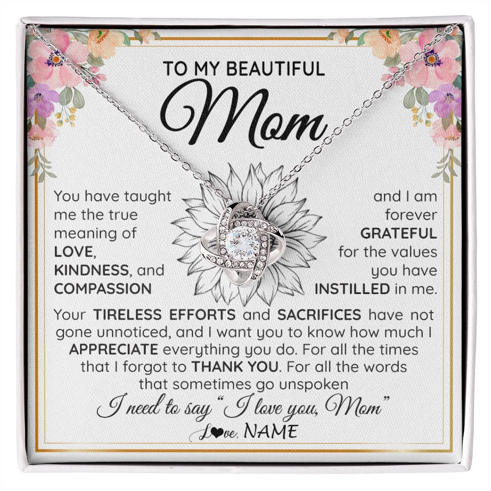 Love Knot Necklace 14K White Gold Finish | Personalized To My Beautiful Mom From Daughter Son Necklace Say I Love You Mom Birthday Mothers Day Christmas Jewelry Customized Gift Box Message Card | siriusteestore