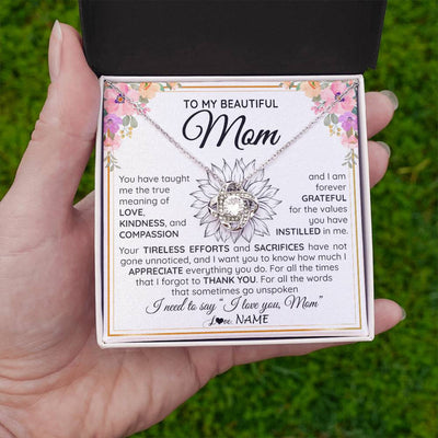 Love Knot Necklace 14K White Gold Finish | Personalized To My Beautiful Mom From Daughter Son Necklace Say I Love You Mom Birthday Mothers Day Christmas Jewelry Customized Gift Box Message Card | siriusteestore