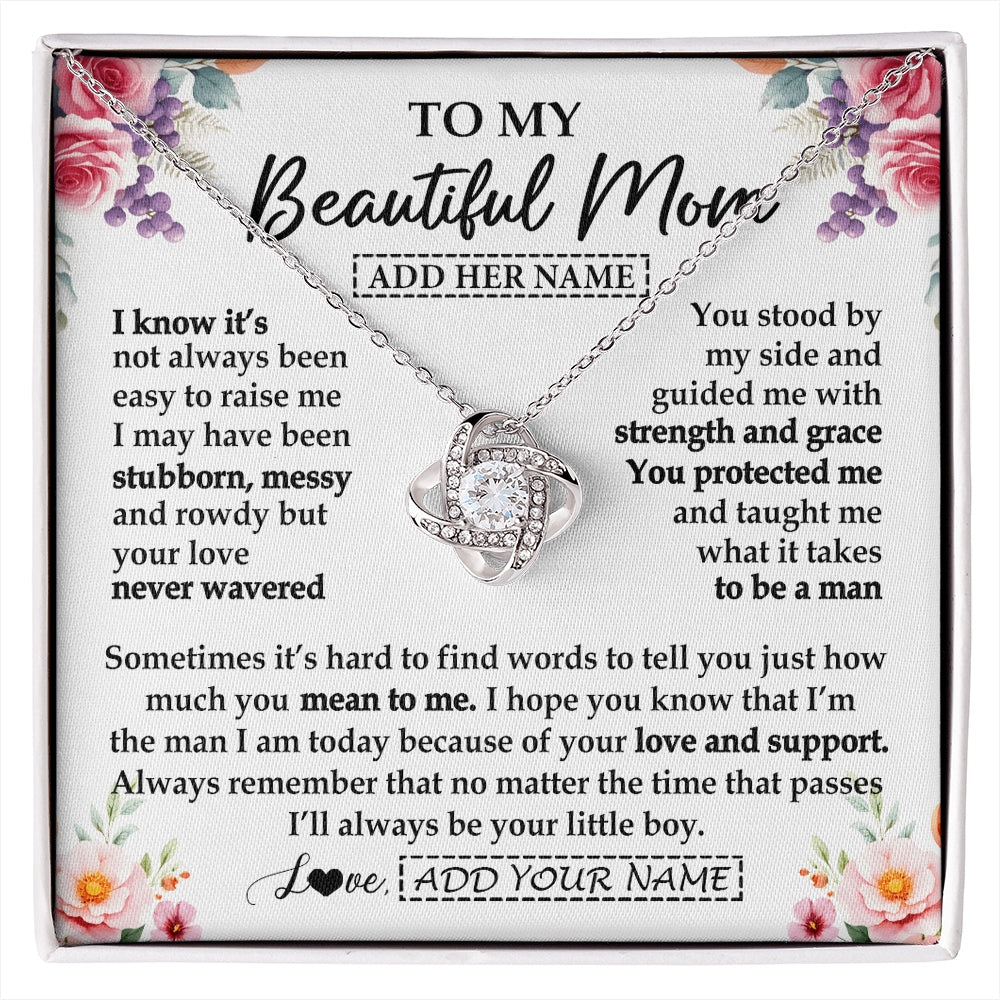 Love Knot Necklace 14K White Gold Finish | 1 | Personalized To My Beautiful Mom Gifts From Son Daughter Necklace Love You Jewelry Gifts For Loving Mothers Day Birthday Christmas Custom Gift Box Message Card | https://siriusteestore.