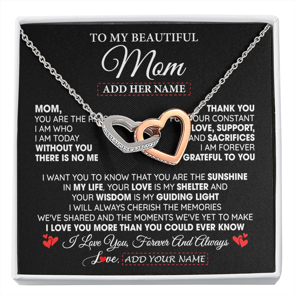 Interlocking Hearts Necklace Stainless Steel & Rose Gold Finish | 1 | Personalized To My Beautiful Mom Gifts Necklace From Son Daughter Without You There Is No Me Mom Birthday Gift Mothers Day Christmas Gift Box Message Card | siriusteestore.myshopify