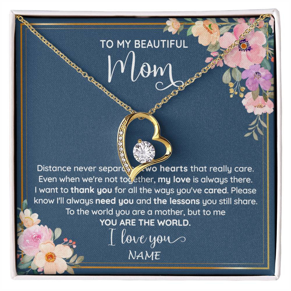 Forever Love Necklace 18K Yellow Gold Finish | 1 | Personalized To My Beautiful Mom Necklace From Daughter Son You Are The World Mom Birthday Mothers Day Christmas Jewelry Customized Gift Box Message Card | siriusteestore