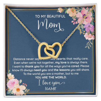 Interlocking Hearts Necklace 18K Yellow Gold Finish | 1 | Personalized To My Beautiful Mom Necklace From Daughter Son You Are The World Mom Birthday Mothers Day Christmas Jewelry Customized Gift Box Message Card | siriusteestore