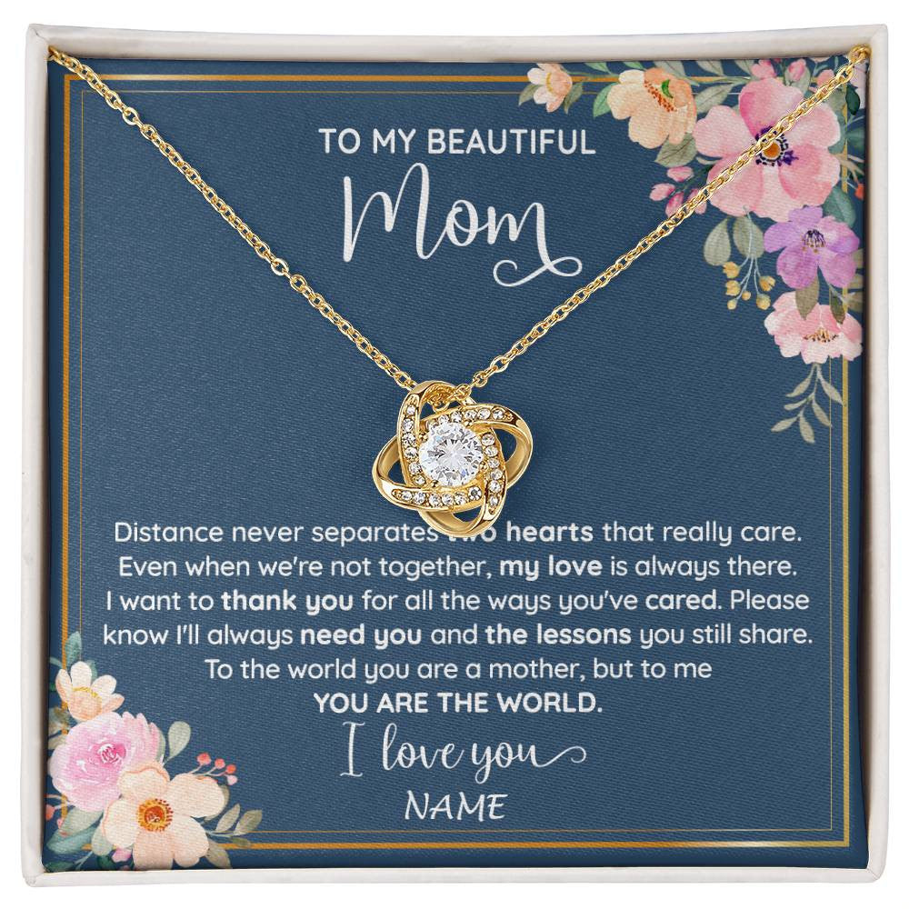 Love Knot Necklace 18K Yellow Gold Finish | 1 | Personalized To My Beautiful Mom Necklace From Daughter Son You Are The World Mom Birthday Mothers Day Christmas Jewelry Customized Gift Box Message Card | siriusteestore