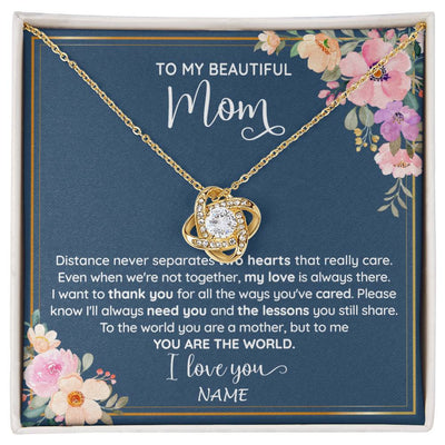 Love Knot Necklace 18K Yellow Gold Finish | 1 | Personalized To My Beautiful Mom Necklace From Daughter Son You Are The World Mom Birthday Mothers Day Christmas Jewelry Customized Gift Box Message Card | siriusteestore