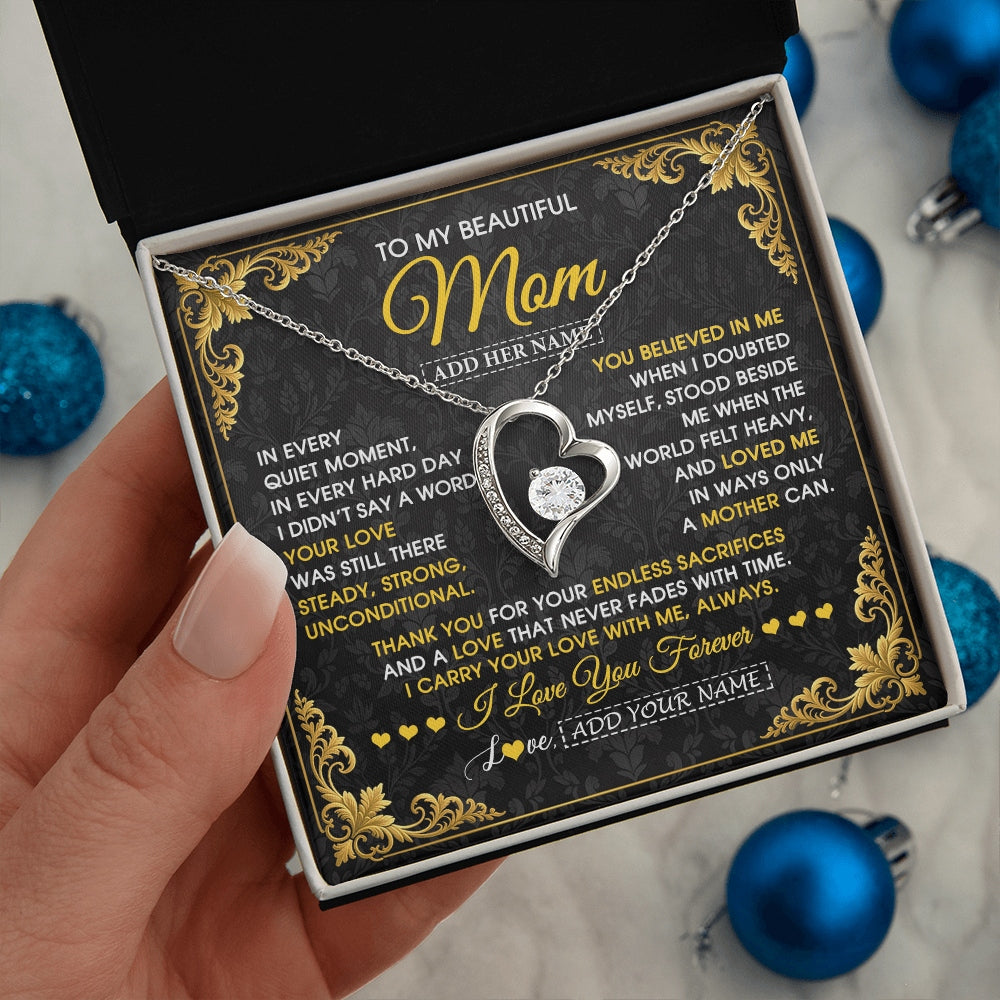 Forever Love Necklace 14K White Gold Finish | 2 | Personalized To My Beautiful Mom Necklace Sentimental Jewelry Gift From Daughter Son Mother's Day Birthday Anniversary Christmas Custom Gift Box Message Card | https://siriusteestore.