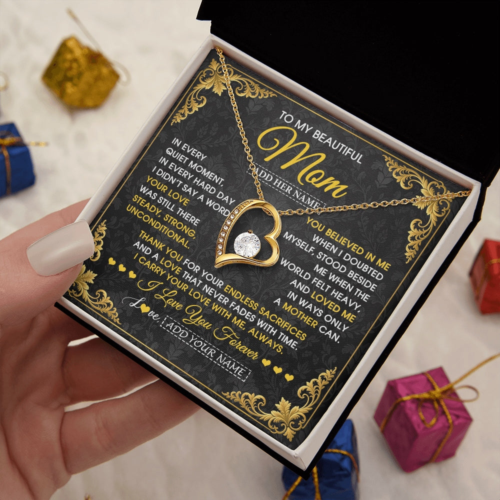 Forever Love Necklace 18K Yellow Gold Finish | 2 | Personalized To My Beautiful Mom Necklace Sentimental Jewelry Gift From Daughter Son Mother's Day Birthday Anniversary Christmas Custom Gift Box Message Card | https://siriusteestore.