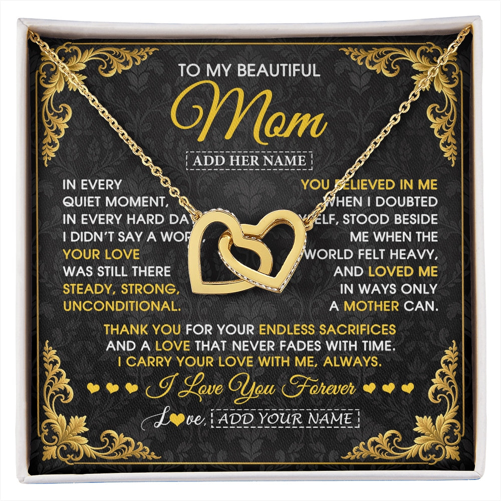 Interlocking Hearts Necklace 18K Yellow Gold Finish | 1 | Personalized To My Beautiful Mom Necklace Sentimental Jewelry Gift From Daughter Son Mother's Day Birthday Anniversary Christmas Custom Gift Box Message Card | https://siriusteestore.