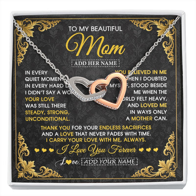 Interlocking Hearts Necklace Stainless Steel & Rose Gold Finish | 1 | Personalized To My Beautiful Mom Necklace Sentimental Jewelry Gift From Daughter Son Mother's Day Birthday Anniversary Christmas Custom Gift Box Message Card | https://siriusteestore.