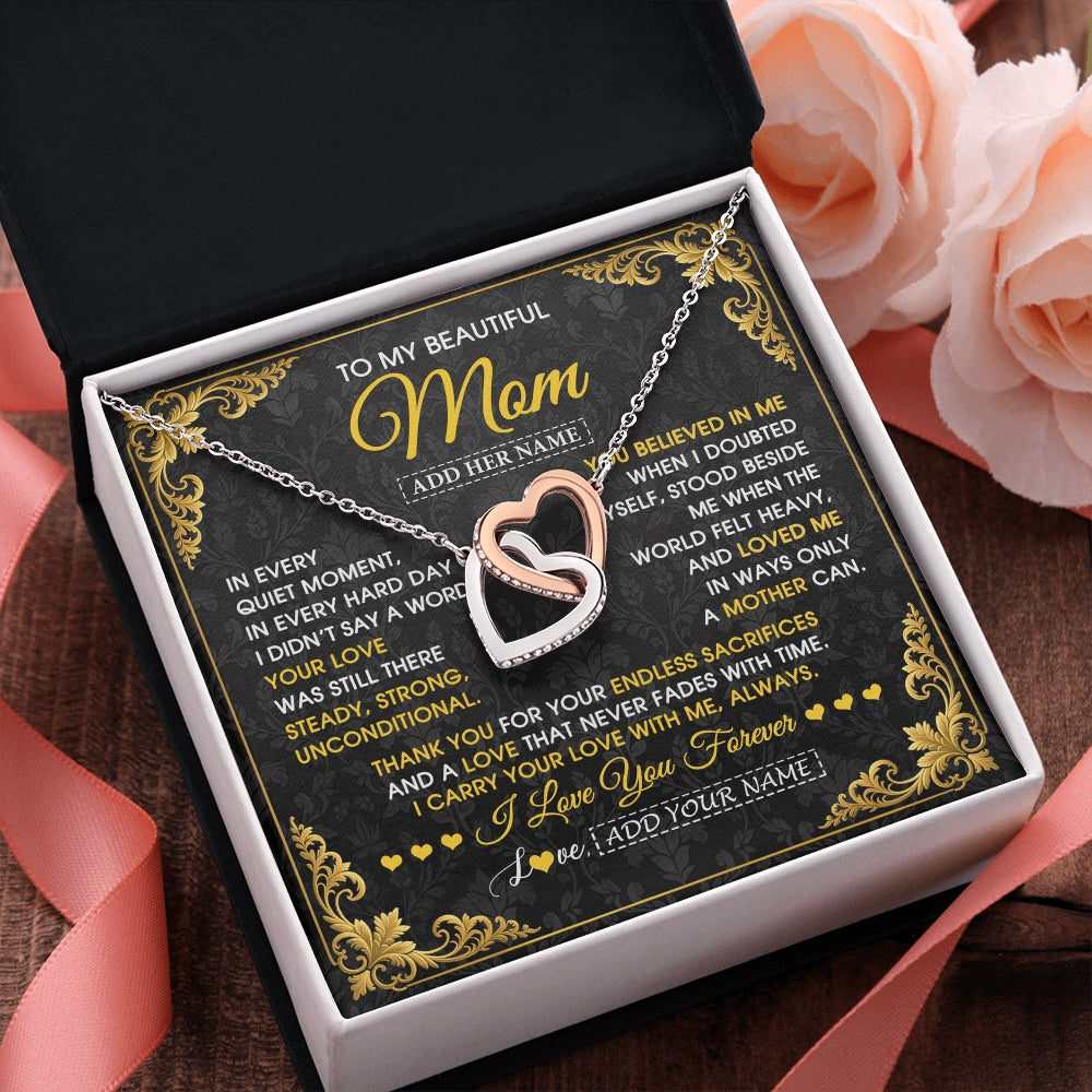 Interlocking Hearts Necklace Stainless Steel & Rose Gold Finish | 2 | Personalized To My Beautiful Mom Necklace Sentimental Jewelry Gift From Daughter Son Mother's Day Birthday Anniversary Christmas Custom Gift Box Message Card | https://siriusteestore.