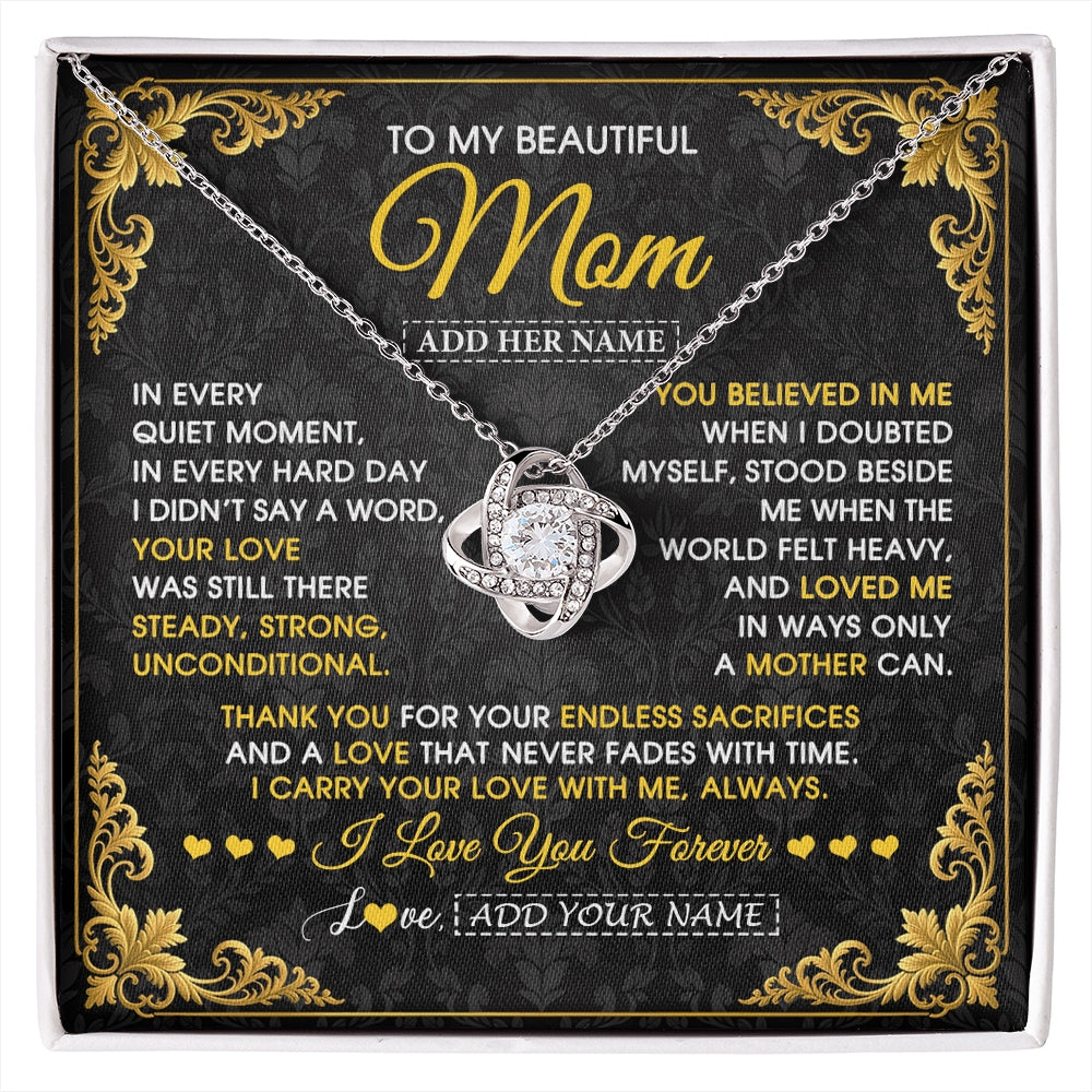 Love Knot Necklace 14K White Gold Finish | 1 | Personalized To My Beautiful Mom Necklace Sentimental Jewelry Gift From Daughter Son Mother's Day Birthday Anniversary Christmas Custom Gift Box Message Card | https://siriusteestore.