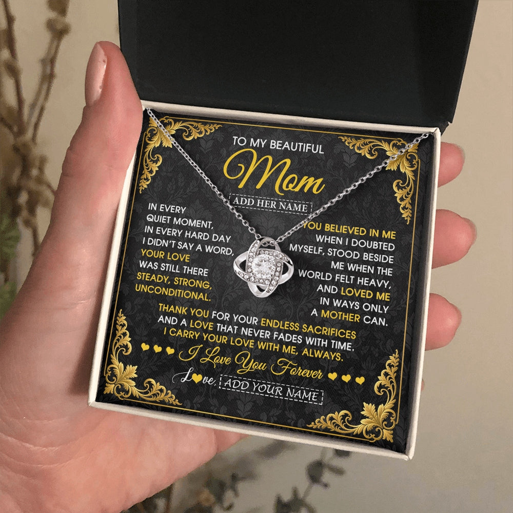 Love Knot Necklace 14K White Gold Finish | 2 | Personalized To My Beautiful Mom Necklace Sentimental Jewelry Gift From Daughter Son Mother's Day Birthday Anniversary Christmas Custom Gift Box Message Card | https://siriusteestore.