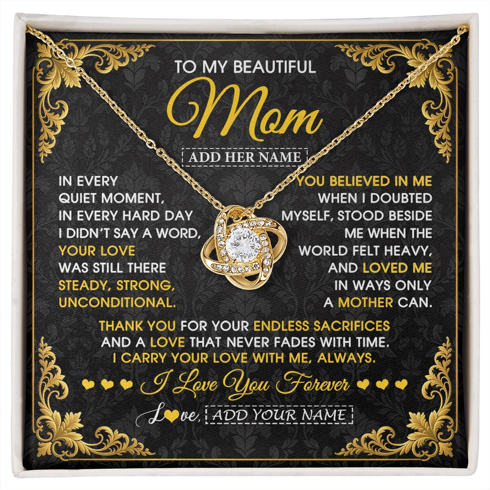 Love Knot Necklace 18K Yellow Gold Finish | 1 | Personalized To My Beautiful Mom Necklace Sentimental Jewelry Gift From Daughter Son Mother's Day Birthday Anniversary Christmas Custom Gift Box Message Card | https://siriusteestore.