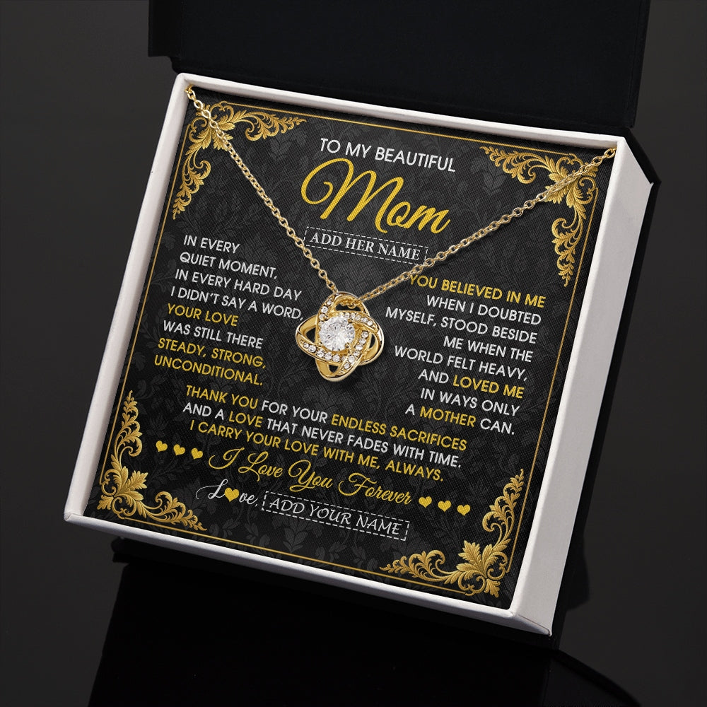 Love Knot Necklace 18K Yellow Gold Finish | 2 | Personalized To My Beautiful Mom Necklace Sentimental Jewelry Gift From Daughter Son Mother's Day Birthday Anniversary Christmas Custom Gift Box Message Card | https://siriusteestore.