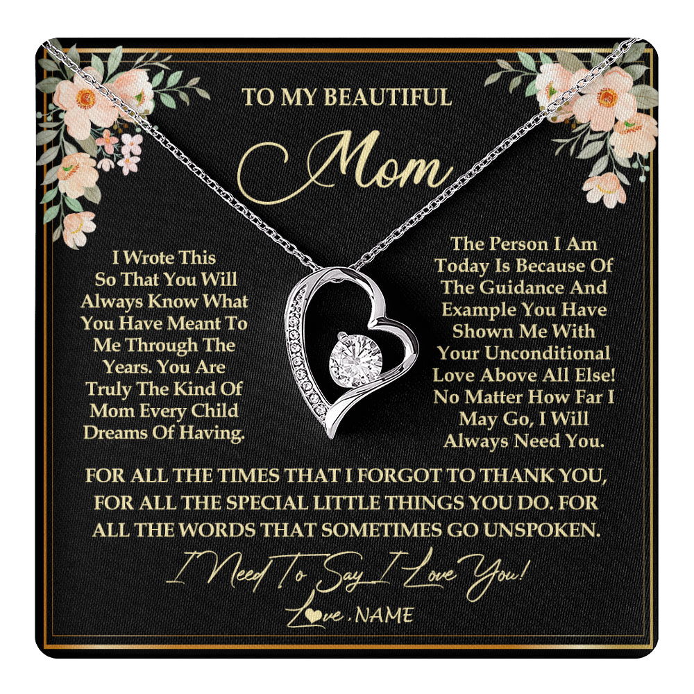 Forever Love Necklace 14K White Gold Finish | 1 | Personalized To My Beautiful Mom Necklace from Daughter Son I Need to Say I Love You Mom Birthday Mother's Day Pendant Jewelry Customized Gift Box Message Card | siriusteestore