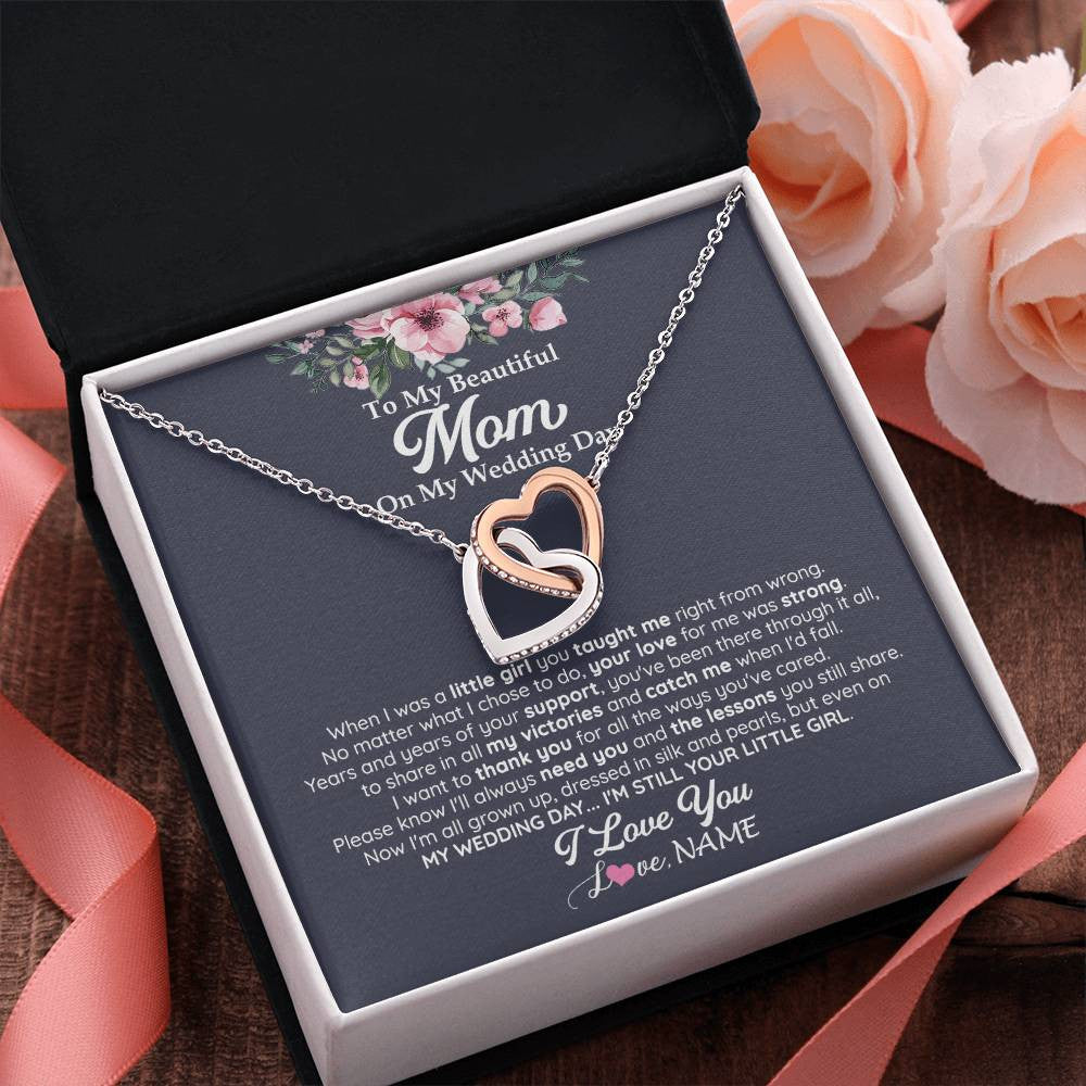Interlocking Hearts Necklace Stainless Steel & Rose Gold Finish | 2 | Personalized To My Beautiful Mom On My Wedding Day Necklace From Daughter Little Girl Mother Of Bride Wedding Day Jewelry Customized Gift Box Message Card | siriusteestore