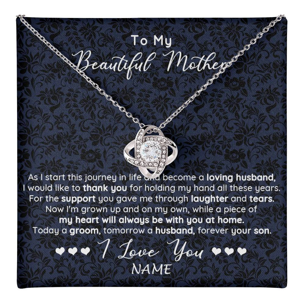 Love Knot Necklace 14K White Gold Finish | 1 | Personalized To My Beautiful Mother Necklace From Son On My Wedding Day Mother Of The Groom For Mom Wedding Day Jewelry Customized Gift Box Message Card | siriusteestore