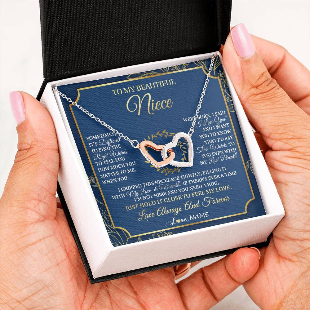 Interlocking Hearts Necklace Stainless Steel & Rose Gold Finish | 2 | Personalized To My Beautiful Niece From Aunt Uncle I Gripped This Necklace Niece Jewelry Birthday Gifts Christmas Customized Gift Box Message Card | siriusteestore