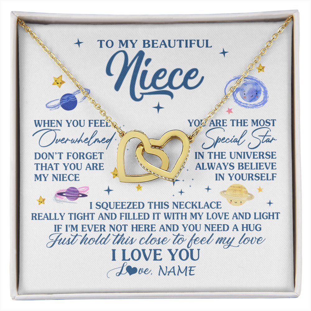 Interlocking Hearts Necklace 18K Yellow Gold Finish | 1 | Personalized To My Beautiful Niece Gifs From Aunt Necklace Inspirational Niece Birthday Gifts Jewelry Graduation Christmas Customized Gift Box Message Card | siriusteestore